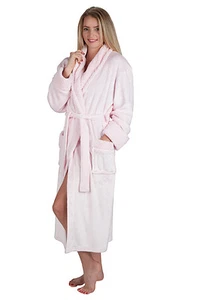 Women Spa Style Full Length Plush Robe with Velvet Collar Cuffs Plus Sizes Avail - Picture 1 of 21