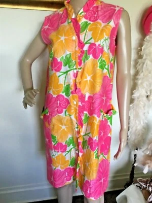 Vestido de día vintage años 60 rosa amarillo floral con volantes Foto 1 de 4