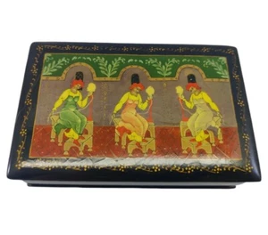 Russian Lacquer Trinket Box Hand Painted Folklore Women w Wool Spools Signed - Picture 1 of 12