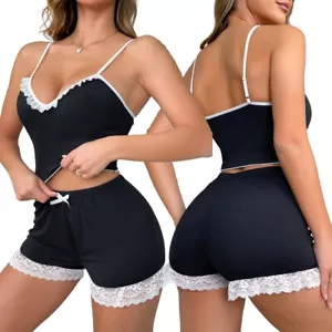 Sexy Lingerie for Womens Lace Trim Pajama Set Lady Sleepwear Camisole Shorts Set - Picture 1 of 17