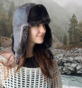Sombrero de piel real para hombre Trampero Ushanka Caza PIEL DE OVEJA PIEL DE OVEJA Sombrero - Imagen 1 de 7