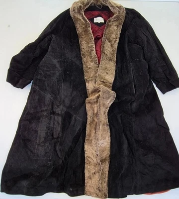 HARRODS Coat Large Black Women's Suede Fur Trim Lined Long Winter - Image 1 of 4