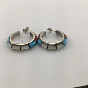 P. PANTEAH - NATIVE AMERICAN ZUNI STERLING SILVER STONE INLAY HOOP EARRINGS 9 - Picture 1 of 3