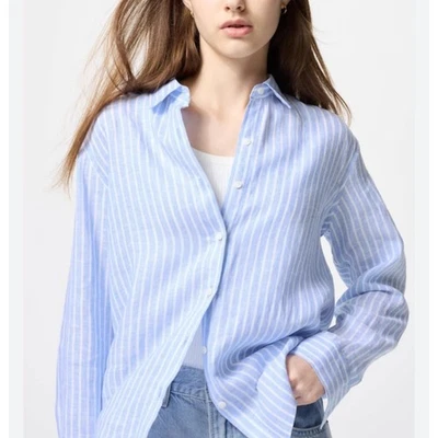 Camisa feminina Uniqlo premium 100% linho listra branca azul botão para baixo média - Imagem 1 de 4