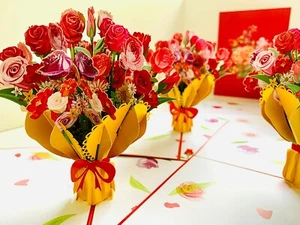 Origami Pop Cards Handmade Flower Bouquet 3D Pop Up Greeting Card Happy Birthday - Picture 1 of 12