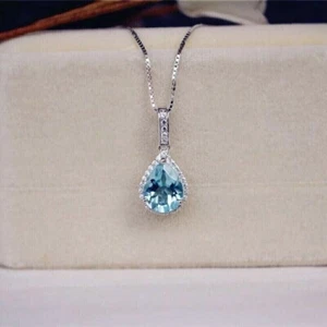 2Ct Pear Cut Lab Created Aquamarine Women's Halo Pendant 14K White Gold Plated - Picture 1 of 5