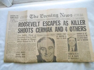 THE EVENING NEWS 10 FEBRUARY 1933 ROOSEVELT ESCAPES AS KILLER SHOOTS CERMAK - Picture 1 of 3