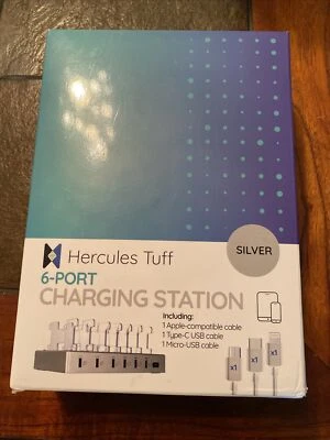 6 Port Cell Phone/Tablet Charging Dock + 4 Lightning, 1 USBC, 1 Micro USB Cables - Image 1 of 4