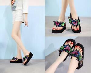 Women's Flip Flops Thong Butterfly Decor Wedge High Heel Slippers Shoes Sandals