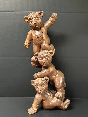 VINTAGE SOLID  CARVED WOOD THREE ACROBATIC TEDDY BEAR SCULPTURE - Image 1 of 4