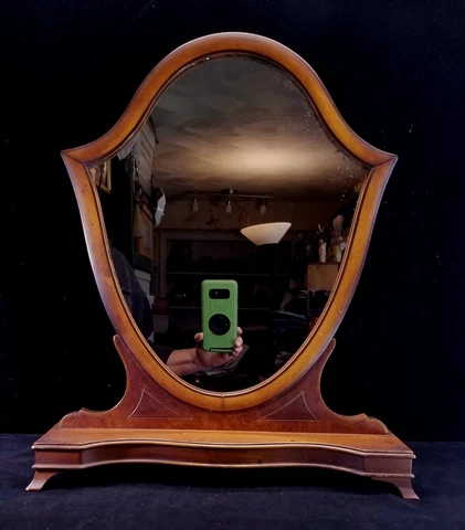 Vtg Free Standing Dresser Or Shaving Mirror Shield Shaped Bent Wood 20.5 x 17 In Cover