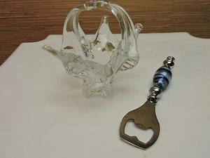 Crystal Star Open Handle Blown  Art Glass Basket + Badash Crystal  Bottle Opener - Picture 1 of 9