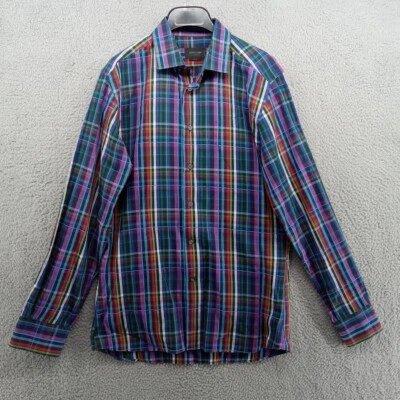 Duchamp Shirt Mens 16 Multicolor Plaid Neon Rainbow Slim Fit Made in Italy - Image 1 of 4