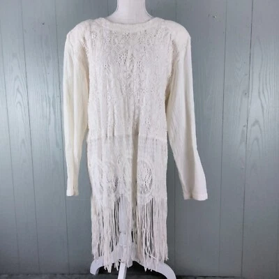 Vintage Choon Flapper Dress Womens 14 Off White Crochet Fringe Sheer Gatsby Lace - Image 1 of 4