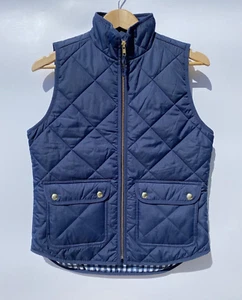 J. Crew Blue Diamond Quilted Down Full Zip Puffer Vest Gold Snap Button XS - Bild 1 von 11