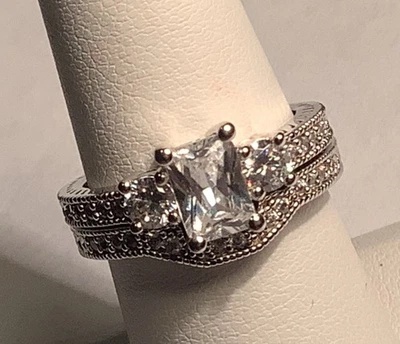 Three Stone Cz Anniversary Ring With Channel Set Cz’s Wedding Set (1128) Size 7 - Image 1 of 4
