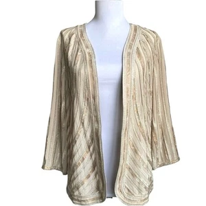 NEW CHICO’S Travelers Gilded Strip Open Sheer Light Jacket SZ 1/M Tan Metallic - Picture 1 of 12