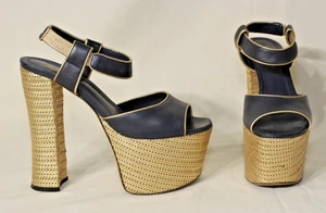 Sandalias de plataforma Yves Saint Laurent de cuero azul con plataforma tejida en tono dorado 37 - Imagen 1 de 14