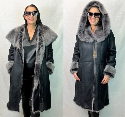 Abrigo largo con capucha de piel de oveja genuina real TOSCANA NEGRO CENIZA XS-6XL Foto 1 de 4