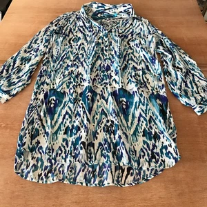 Tori Richard 100% Silk Shirt Dress Women 10 Blue Geometric Pocket Roll Tab - Picture 1 of 14