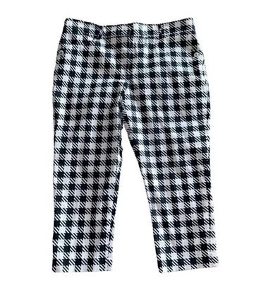 Calça de tornozelo feminina Tommy Hilfiger Capri tamanho 12 preta branca Houndstooth Preppy - Imagem 1 de 4