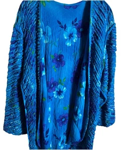 Handgefertigte Chenille Strick Aqua Blumen seidig Viskose vorne offen Cardigan Einheitsgröße XL+ - Bild 1 von 4