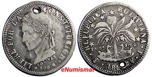 Bolivia Plata 1860 FJ 4 Soles Un Año Tipo VF Agujero ESCASO KM# 139 (4838) - Imagen 1 de 3