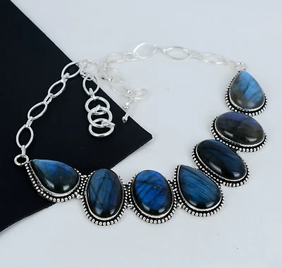 Pietra Labradorite 925 Argento Sterling Mano Collana Per Fidanzamento Regali - Immagine 1 di 4