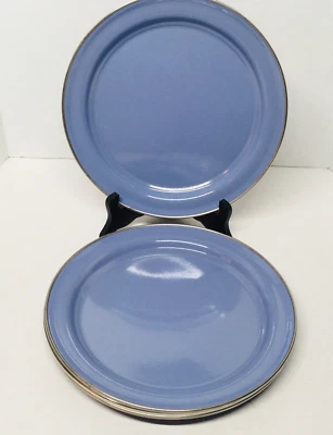 Pottery Barn Enamelware Plates 10" Periwinkle / Silver Rims Set of 4 Camping RV - Image 1 of 4