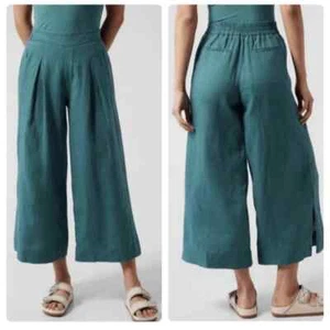 NWT Athleta Women's Playa Linen Wide Crop Teal 3/4 Wide Leg Pants Size 14 - Picture 1 of 7