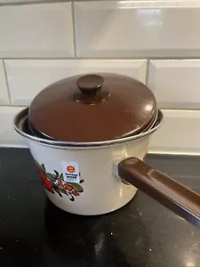 Vintage Baumann Cookware NEW Old Stock Enamel Deep Pan With Lid Brown 70s German - Picture 1 of 20