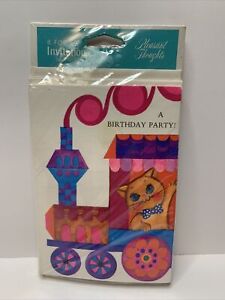 Retro Birthday Invitations Kitty Cat Train Groovy Colors Vintage “Hop Aboard!” 8