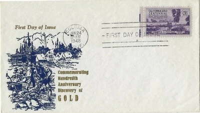 3 '48 FDCs Discovery of Gold in CA, 150th Anniv. Mississippi, 5c Airmail Coil - Image 1 of 3