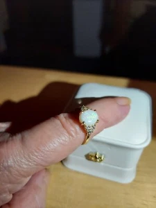 14K Solid Yellow Gold Oval Cabochon Fire Opal 12 Diamond Ring Band Sz7 JS640MNY - Picture 1 of 7
