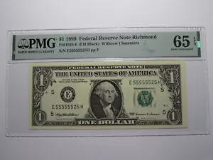 $1 1999 Near Solid Serial Number Federal Reserve Bank Note Bill UNC65 #55555525 - Picture 1 of 3