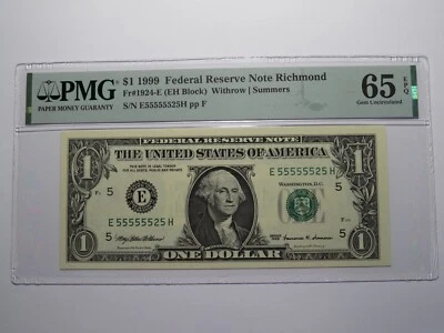 $1 1999 Near Solid Serial Number Federal Reserve Bank Note Bill UNC65 #55555525 - Image 1 of 3