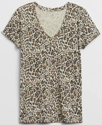 NWT Womens GAP Short Sleeve V-Neck T-Shirt FAVORITE Tee Leopard Print *C6 - Image 1 of 4