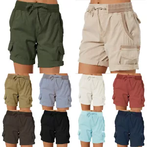 Women Elastic Waist Cotton Linen Shorts Summer Beach Cargo Pocket Short Pants ❤ - Picture 1 of 23