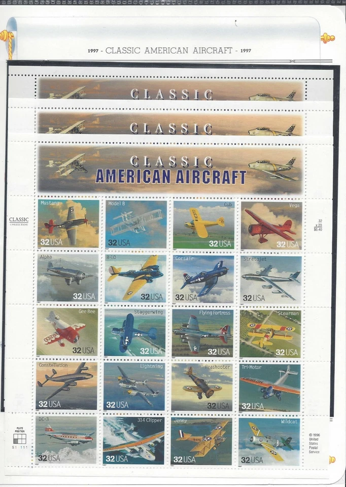 US Scott # 3142 - 3 / American Aircraft Mint Sheet's of 15 / 3 Sheets MNH - Image 1 of 1