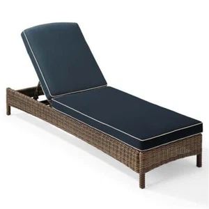 Pemberly Row Wicker Patio Chaise Lounge in Brown and Navy - Picture 1 of 10