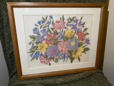 Vintage Wooden Framed Floral Cross-Stitch Art Jane’s Frames - Image 1 of 4