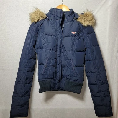 Vintage Hollister Puffer Jacket Teen Y2K Faux Fur Lined Hooded Goose Down Small - Image 1 of 4
