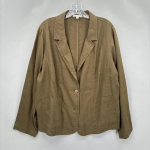 Eileen Fisher Blazer Womens 1X Brown Khaki Organic Linen 2 Button Patch Pockets - Picture 1 of 10