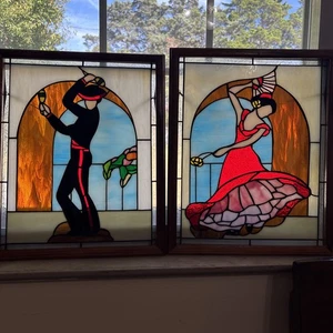 Vintage Paar Glasmalerei Eiche gerahmt  - Bild 1 von 13