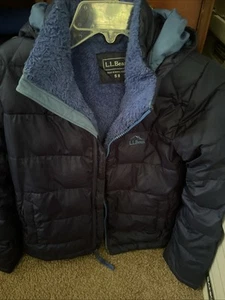 L.L. Bean Downtex Kids Sz 8 Down Navy Jacket Hooded Blue Fleece Lined Ultralight - Picture 1 of 8