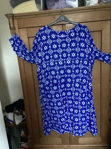 Box 2 Linen Dress Size 26-28 Blue & White Aztec Print Plus Size Pockets - Picture 1 of 14