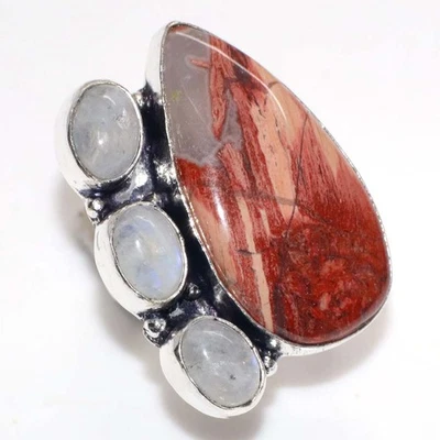 Anillo clásico de piedra lunar arco iris jaspe rojo enchapado en plata 925 talla US 9 GW Foto 1 de 3