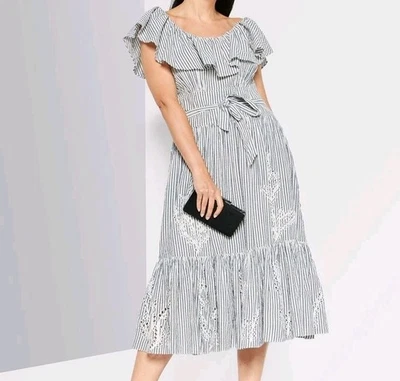 Vestido midi a rayas TORY BURCH talla 12 100 % algodón blanco azul marino con volantes en capas ojales Foto 1 de 4