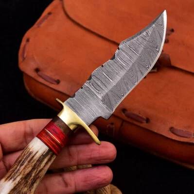 Vintage handmade Damascus Steel Fixed Blade Hunting Knife stag antler handle - Image 1 of 4