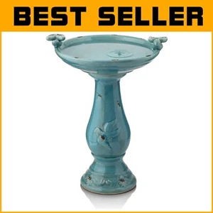 25" Tall Outdoor Ceramic Birdbath with 2 Figurines - Attract Birds to Your Yard! - Picture 1 of 11